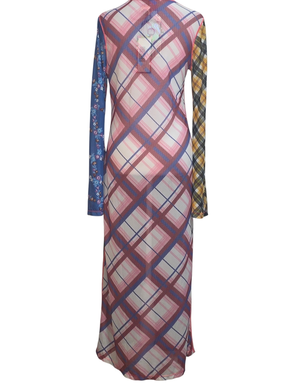 NWT CeliaB Ixora Mesh Midi Dress Mixed Plaid Floral Sheer Mock Neck S - Picture 6 of 15